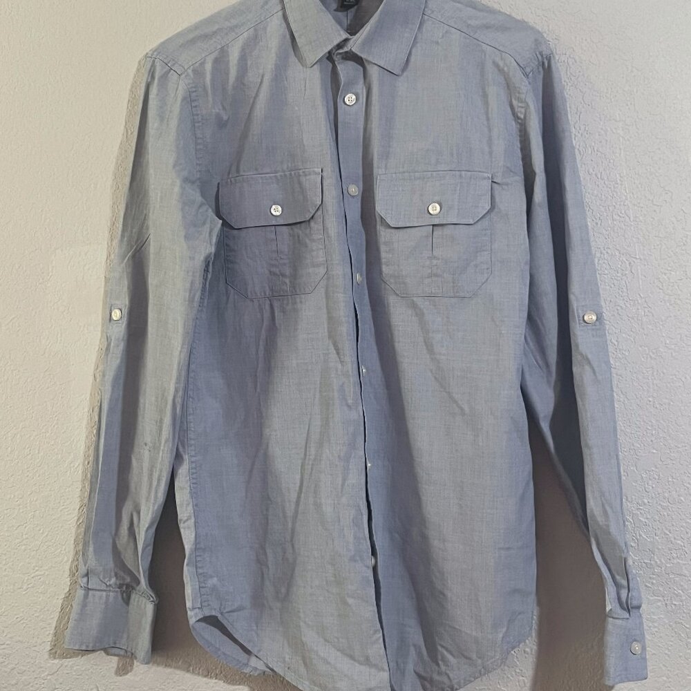 JF J Ferrar Slim Casual Shirt Blue Collared Button Down Up